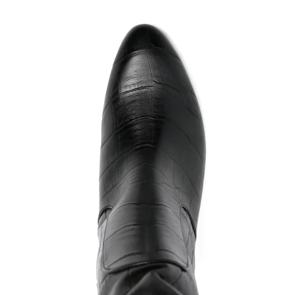 Chie Mihara leather Black Croc-Embossed Knee high Block Heel Boots